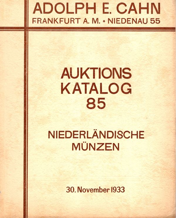 CAHN E. A. - Katalog 85. Frankfurt am -Main, 30 - November, 1933. Die niederlandischen munzen und medaillen des furstlich Furstenbergischen Munzkabinetts Donaueschingen. Pp 50, nn 1008, tavole 7. Legatura ed. interno ottimo stato, lista prezzi Valutazioni. Rossi, 546