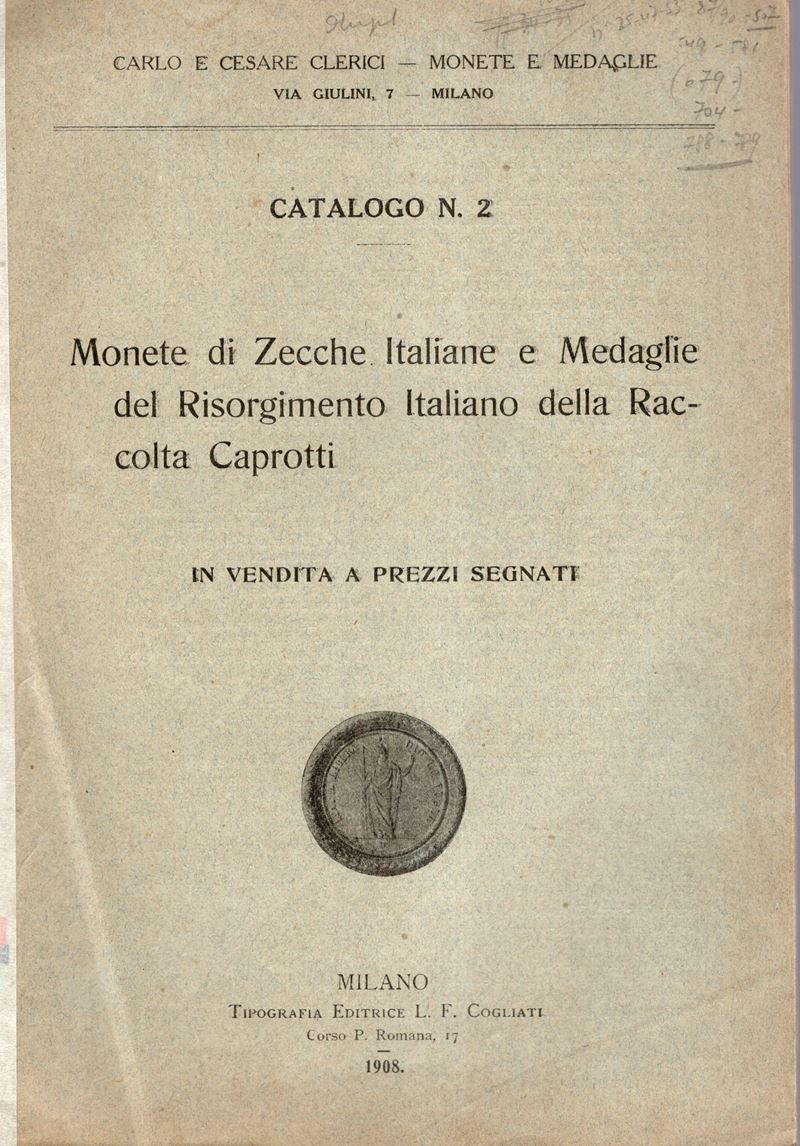 CLERICI C.& C. – Milano, 1908. Catalogo n°2 a prezzi segnati. Monete di zecche italiane e di meda...