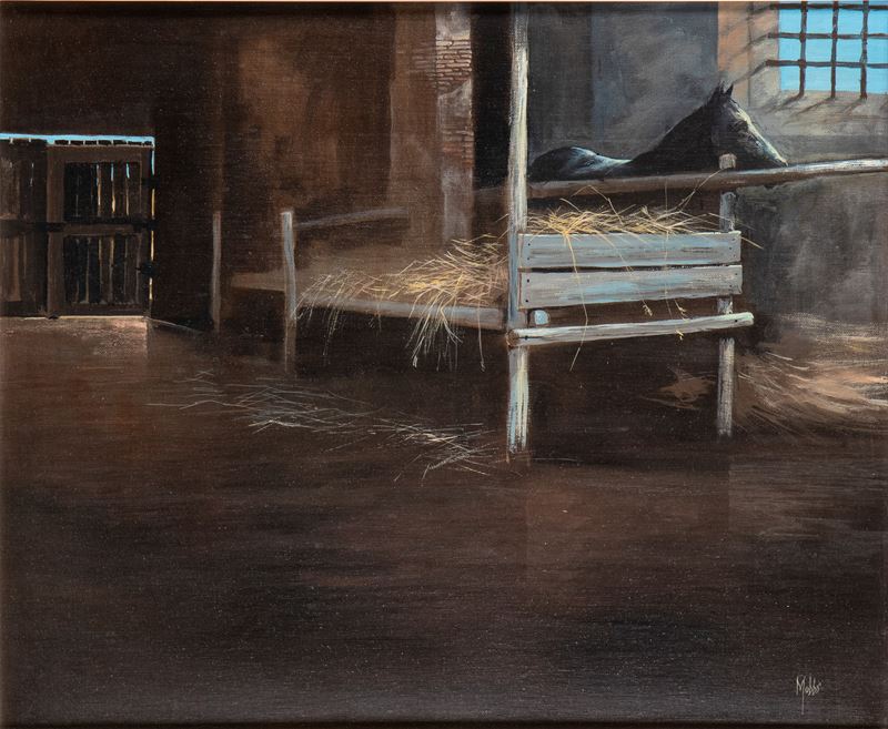 Brian Mobbs - Interno di stalla, olio su tela