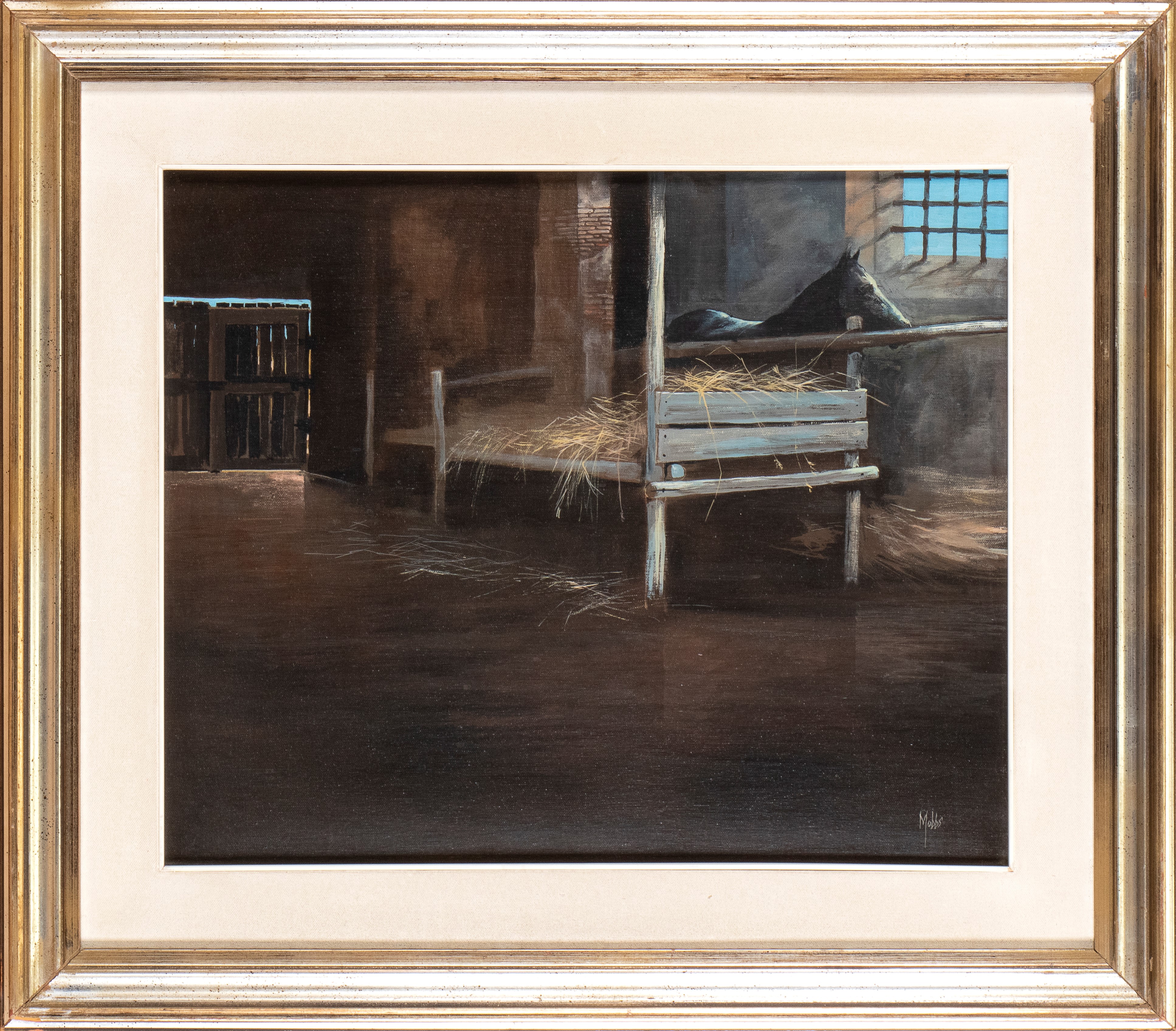 Brian Mobbs - Interno di stalla, olio su tela