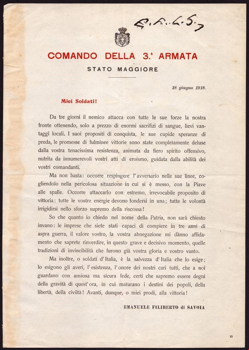 Comando 3 Armata Firmato e.f.DI Savoia