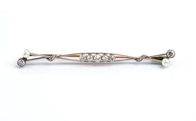 Spilla a barretta in oro e platino con diamanti e perle, anni '30