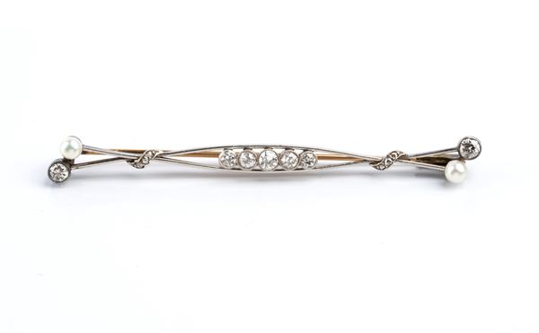Gold platinum diamond and pearl bar brooch