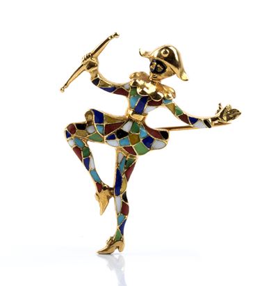 Spilla Arlecchino danzante in oro giallo 18k con smalti