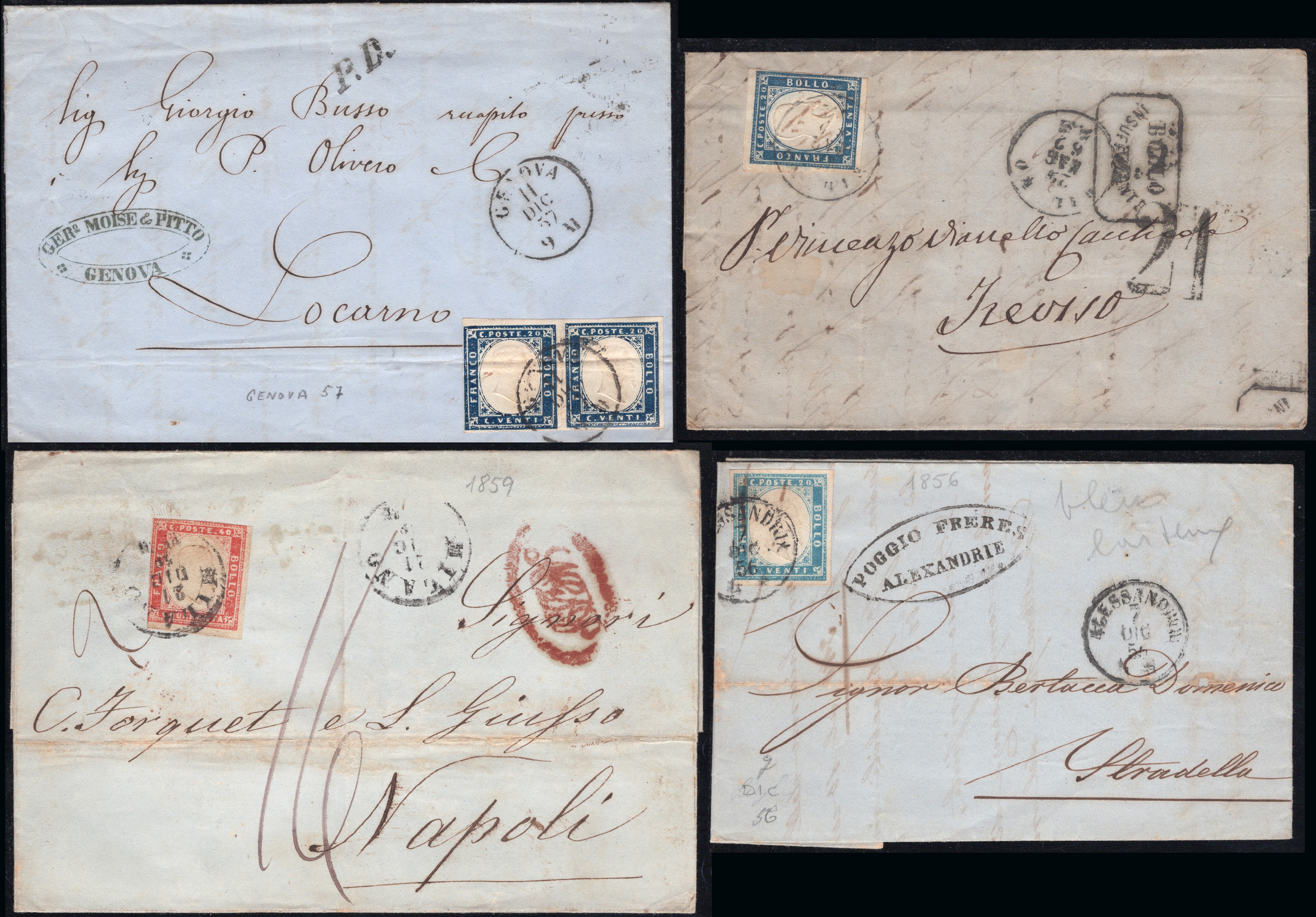 Lotto di Storia Postale, Sardegna - IV Emissione, 10 Lettere, 1857