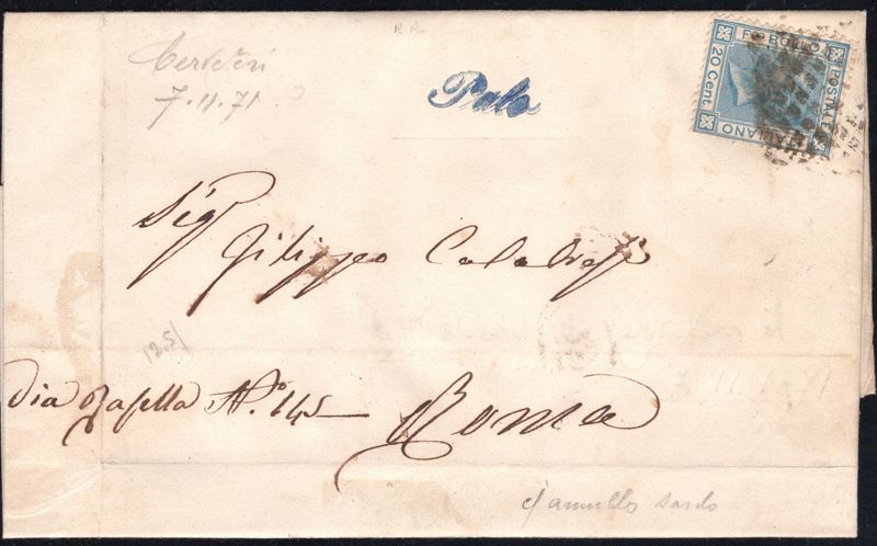 Regno d'Italia, Annullamento postale da Palo in azzurro, 07.11.1871