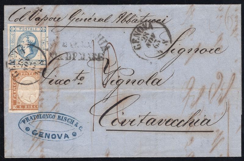 Frode Postale, Lettera affrancata da Genova a Civitavecchia, 1863