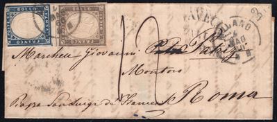 Sardegna, IV emissione - Lettera da Milano a Roma affrancata con 10 cent. grigio seppia n. 14Ae e...