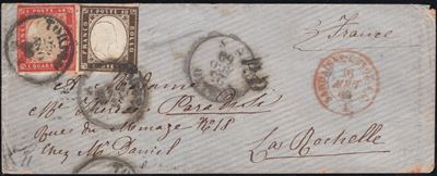 Sardegna IV emissione, Storia Postale 14Bd+16C - Busta da Torino per la Francia del 25.08.1860