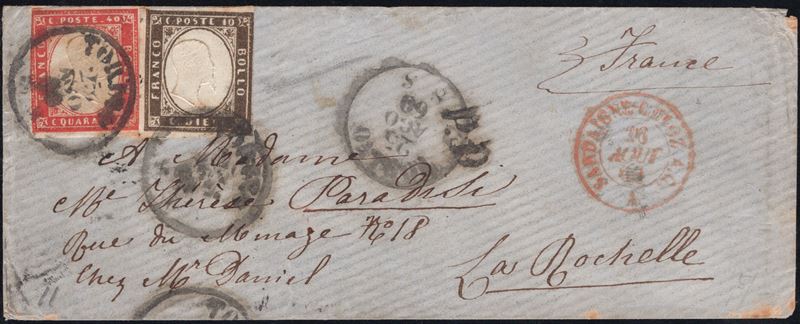 Sardegna IV emissione, Storia Postale 14Bd+16C - Busta da Torino per la Francia del 25.08.1860