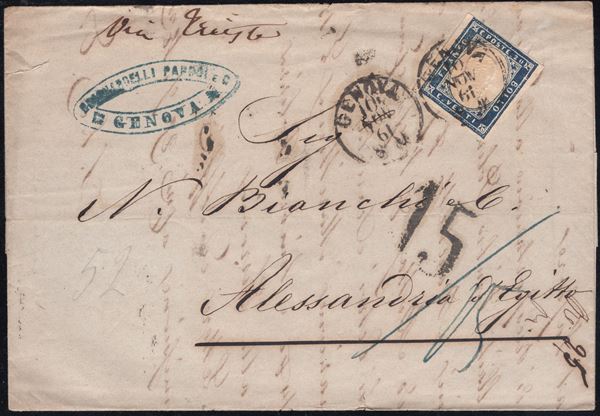 Sardegna IV emissione - Destinazioni Estere, Busta da Genova per Alessandria d'Egitto.