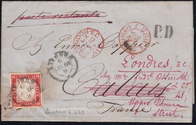 Sardegna, Busta postale del 06.07.1863 da Livorno per la Francia, rispedita a Londra
