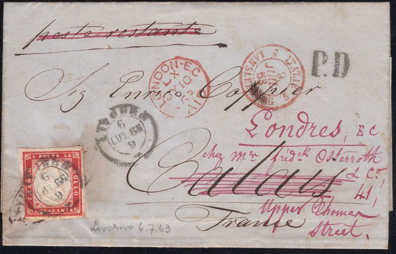 Sardegna, Busta postale del 06.07.1863 da Livorno per la Francia, rispedita a Londra
