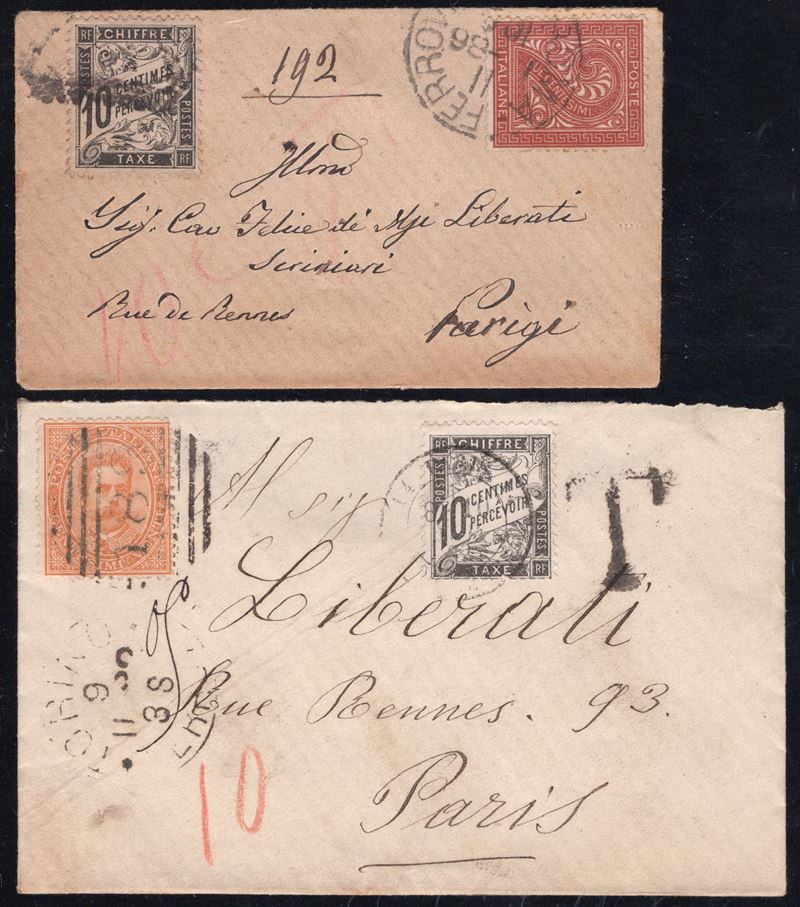 Regno d'Italia, Due buste postali tassate in arrivo da Roma per la Francia, 1880