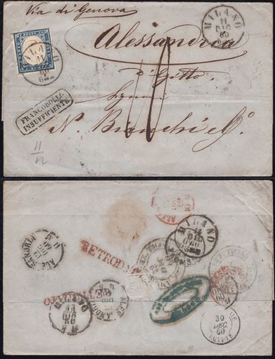 Sardegna, IV emissione - Destinazioni Estere, Busta affrancata con 20 cent. azzurro n.15Ca da Mil...