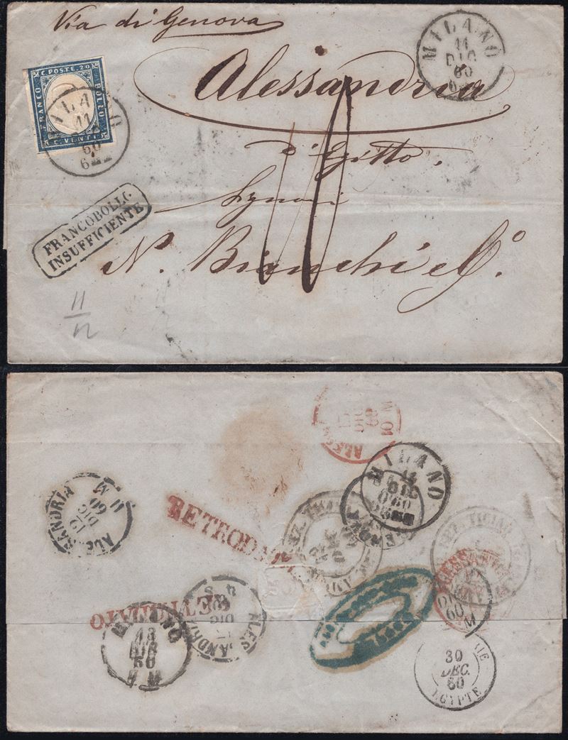 Sardegna, IV emissione - Destinazioni Estere, Busta affrancata con 20 cent. azzurro n.15Ca da Mil...