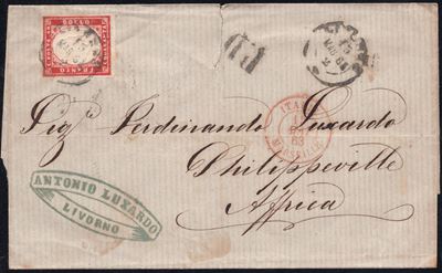 Sardegna IV emissione, Busta da Livorno per Philippeville affrancata con 40 cent. rosso carminio ...