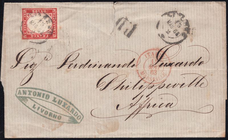 Sardegna IV emissione, Busta da Livorno per Philippeville affrancata con 40 cent. rosso carminio ...