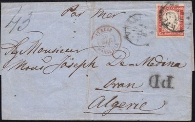 Sardegna IV emissione, Busta postale da Livorno per Oran (Algeria), affrancata con 40 cent. rosso...