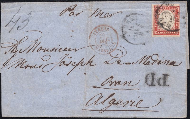 Sardegna IV emissione, Busta postale da Livorno per Oran (Algeria), affrancata con 40 cent. rosso...