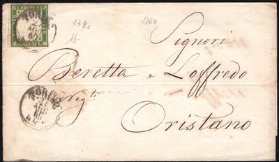Sardegna IV emissione, 5 cent. Verde Oliva, 1860, affrancatura su busta
