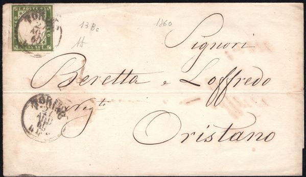 Sardegna IV emissione - 5 cent. Verde Oliva in tonalità particolarmente intensa, isolato.