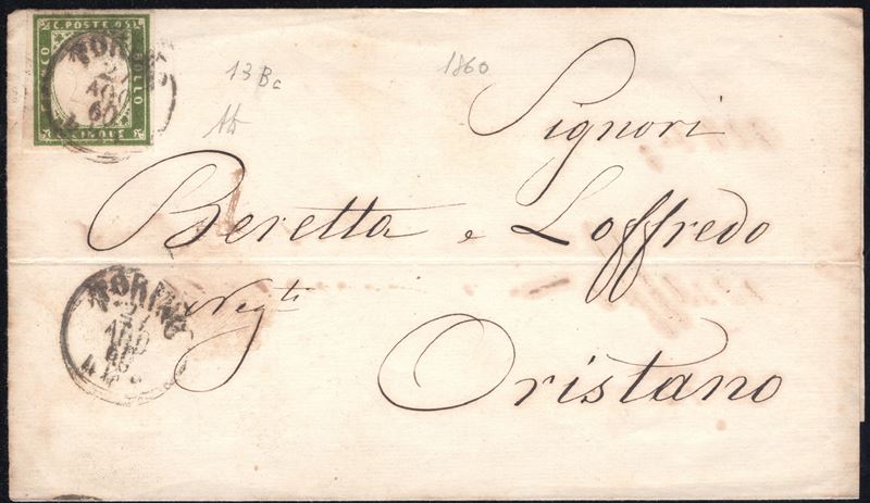 Sardegna IV emissione, 5 cent. Verde Oliva, 1860, affrancatura su busta