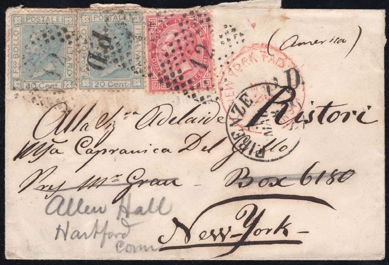 Busta postale da Firenze per New York, 1868