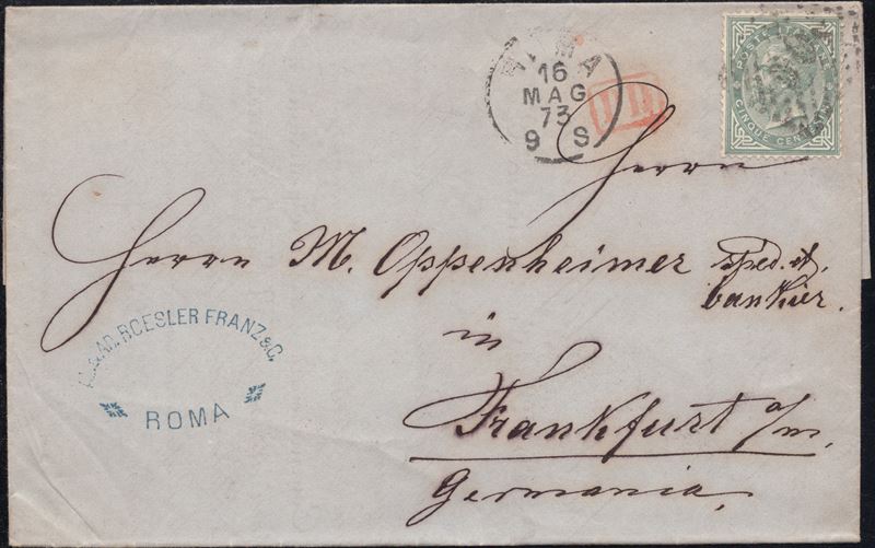 Regno d'Italia, Lettera da Roma a Francoforte affrancata con 5 cent. (TO n.T16) - 16.05.1878