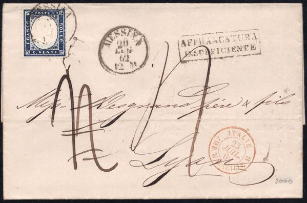 Regno - Storia Postale, 20 cent. in affrancatura insufficiente per la Francia
