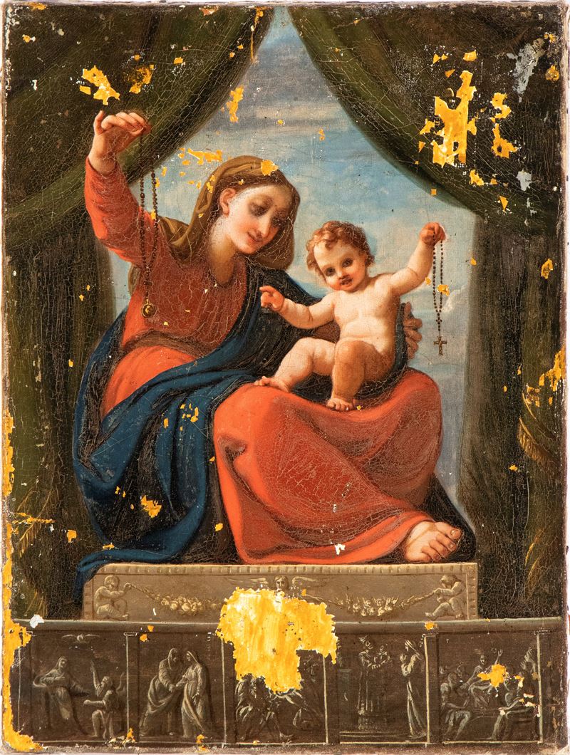 Artista Emiliano, XVIII Secolo - Autore ignoto, Madonna del Rosario con il Bambino, olio su tela
