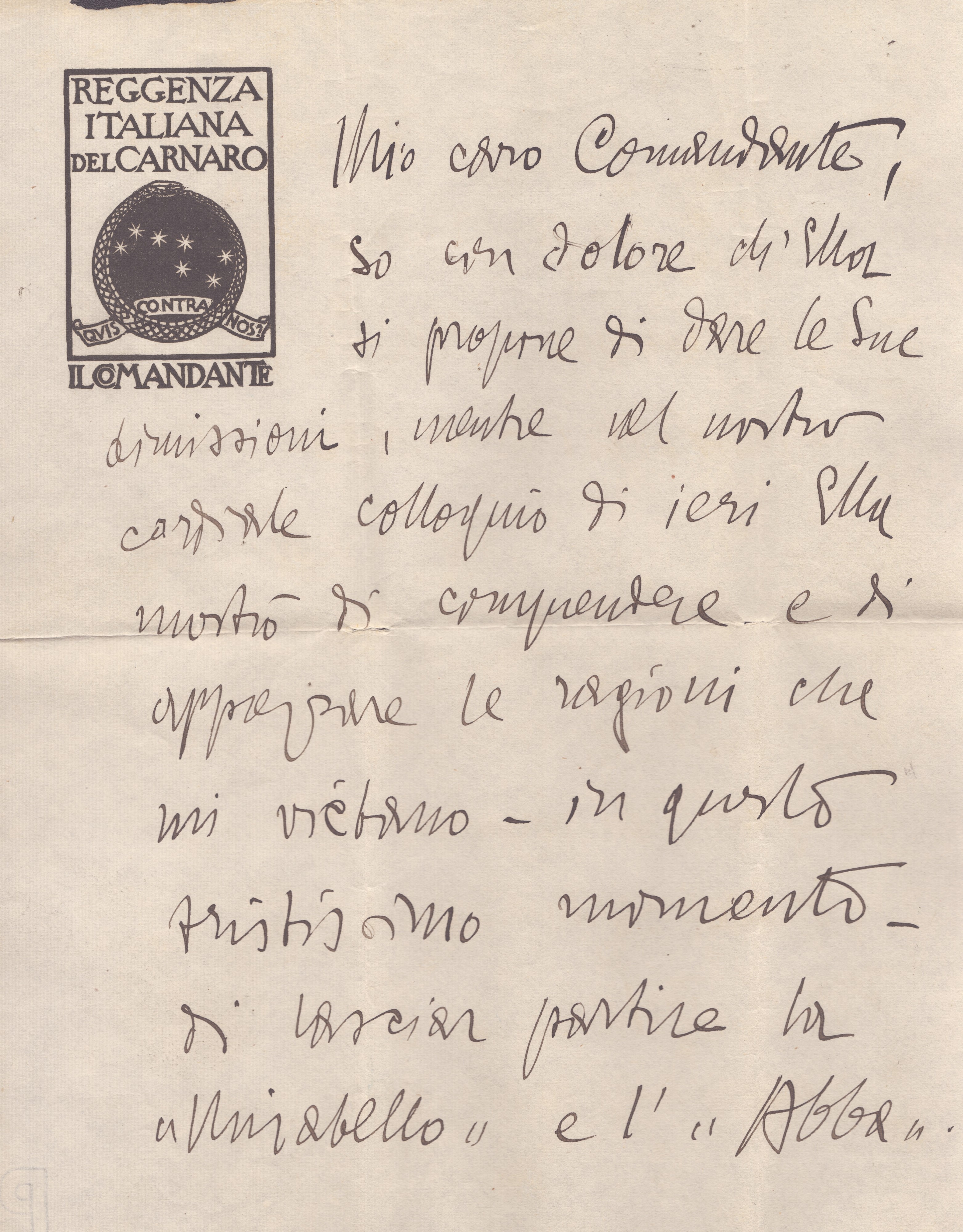 D'annunzio Gabriele (1863-1938), Fiume, Lettera Autografa