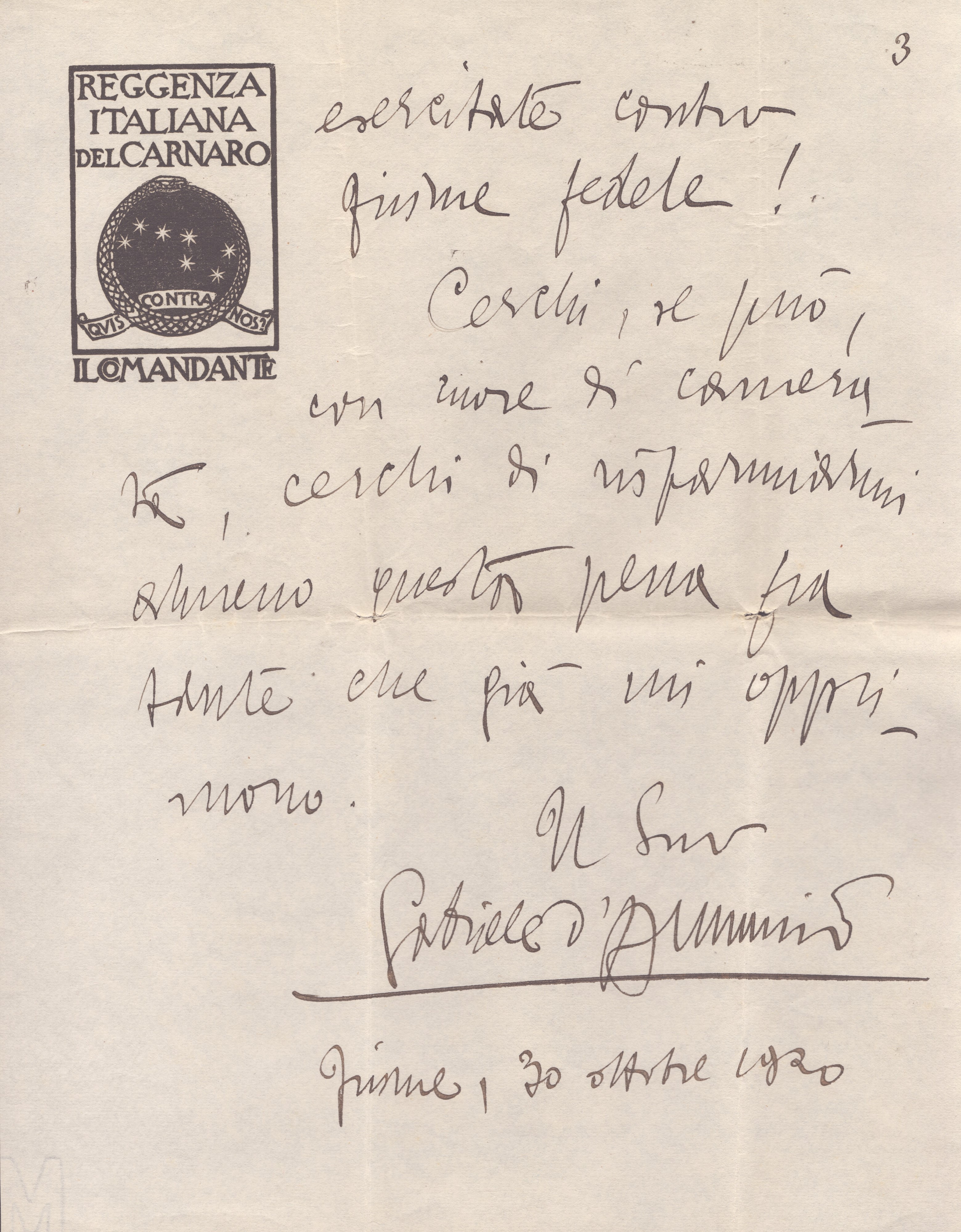 D'annunzio Gabriele (1863-1938), Fiume, Lettera Autografa