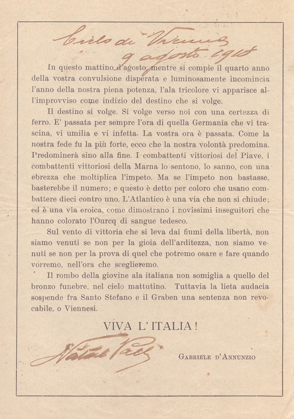 Dannunziana - Volo su Vienna, volantino - Natale Palli 