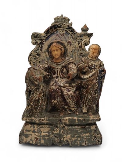 Scultura lignea, inserti in avorio, rappresentazione della Madonna in trono (India portoghese, fi...
