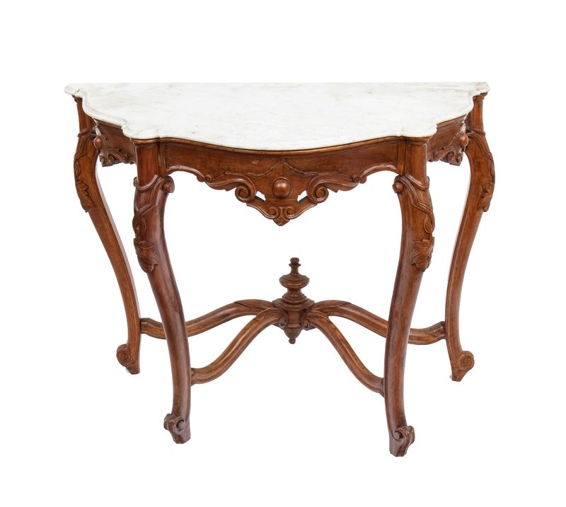 Console genovese, metà XIX secolo, in legno di noce e marmo bianco