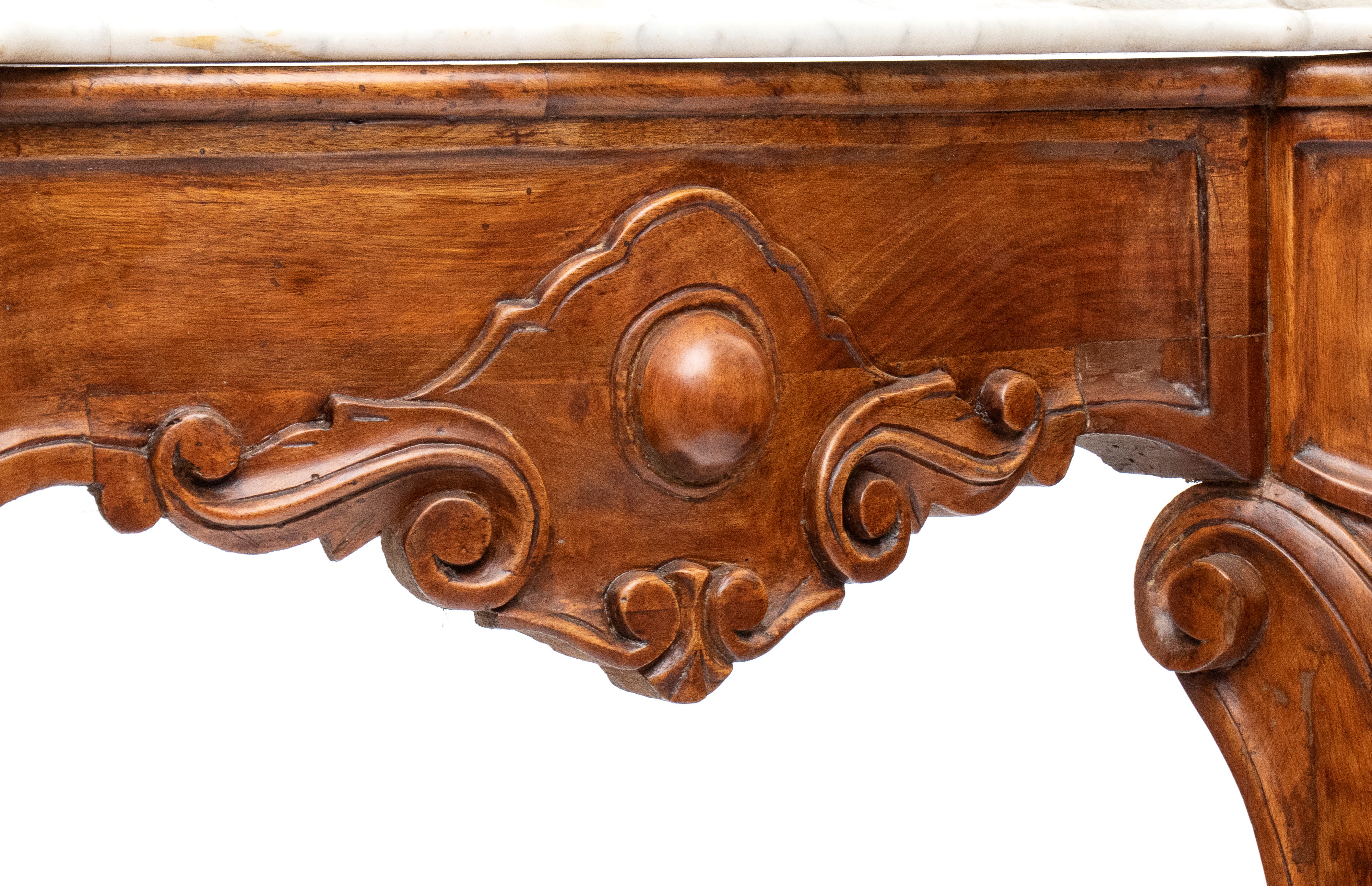 Console genovese, metà XIX secolo, in legno di noce e marmo bianco