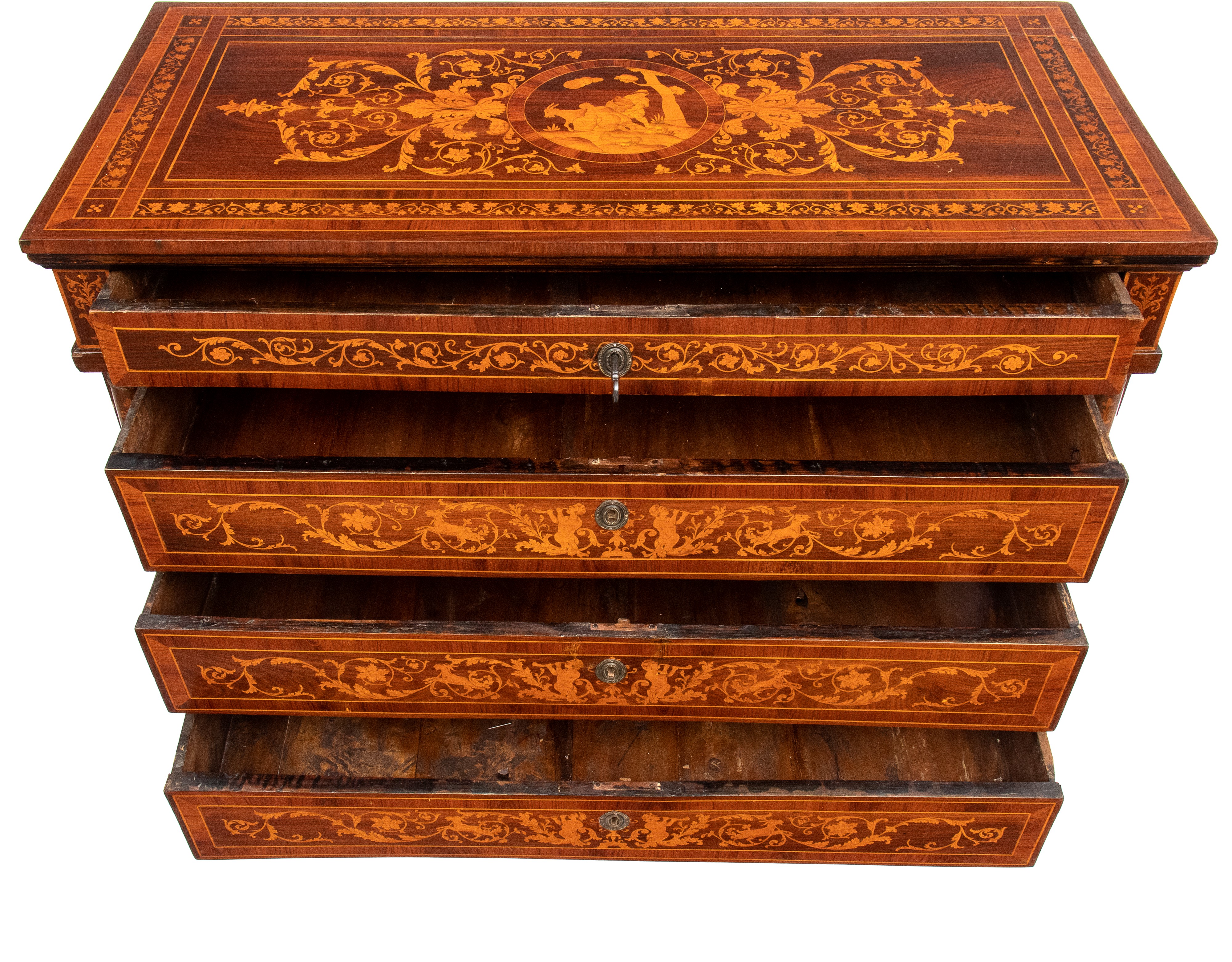 Comò lombardo, intarsiato in legno di noce e decorazioni in ebano viola, Primo quarto del XIX sec...