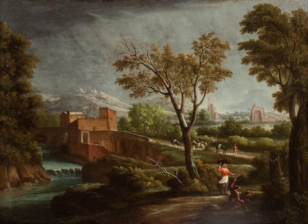 Francesco Foschi - Landscape with a waterway, travellers, and ruins in the background