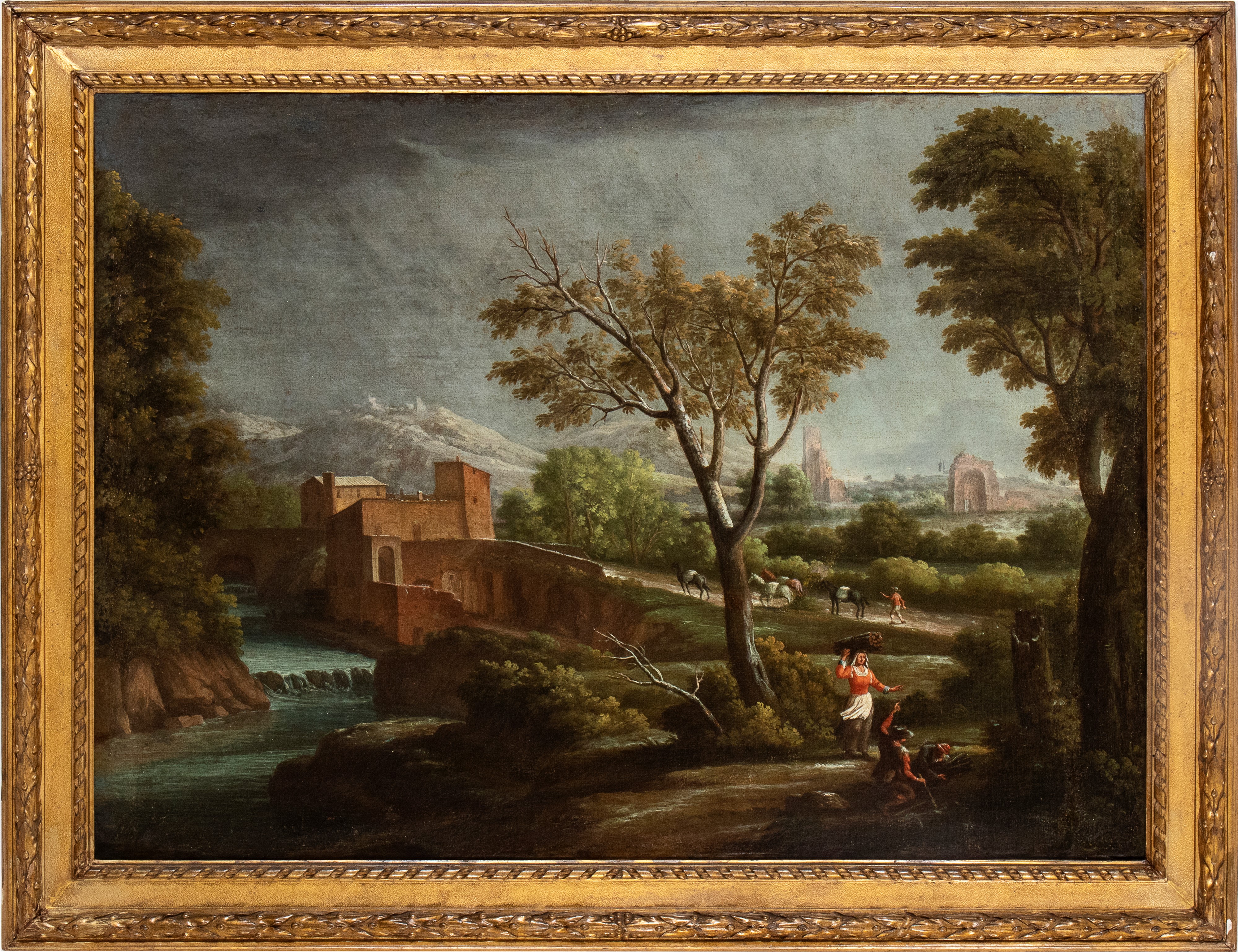 Francesco Foschi - Paesaggio con corso d'acqua e viandanti, olio su tela