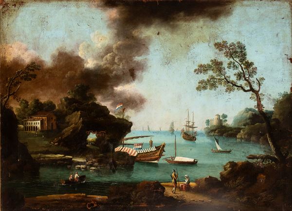 Artista francese, XVIII secolo - Coastal view with a rock arch, figures, and boats