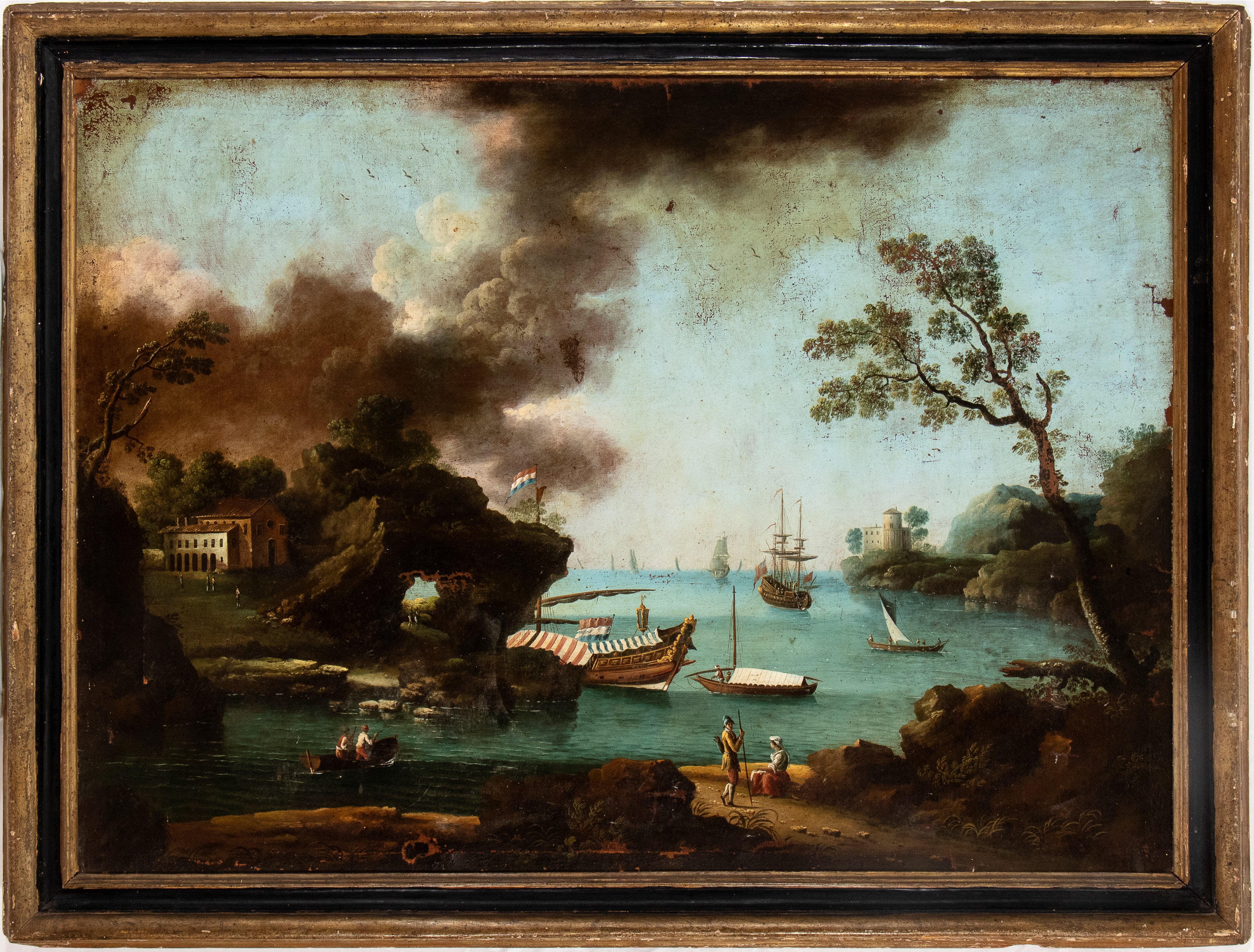 Veduta costiera con arco di roccia, figure e imbarcazioni