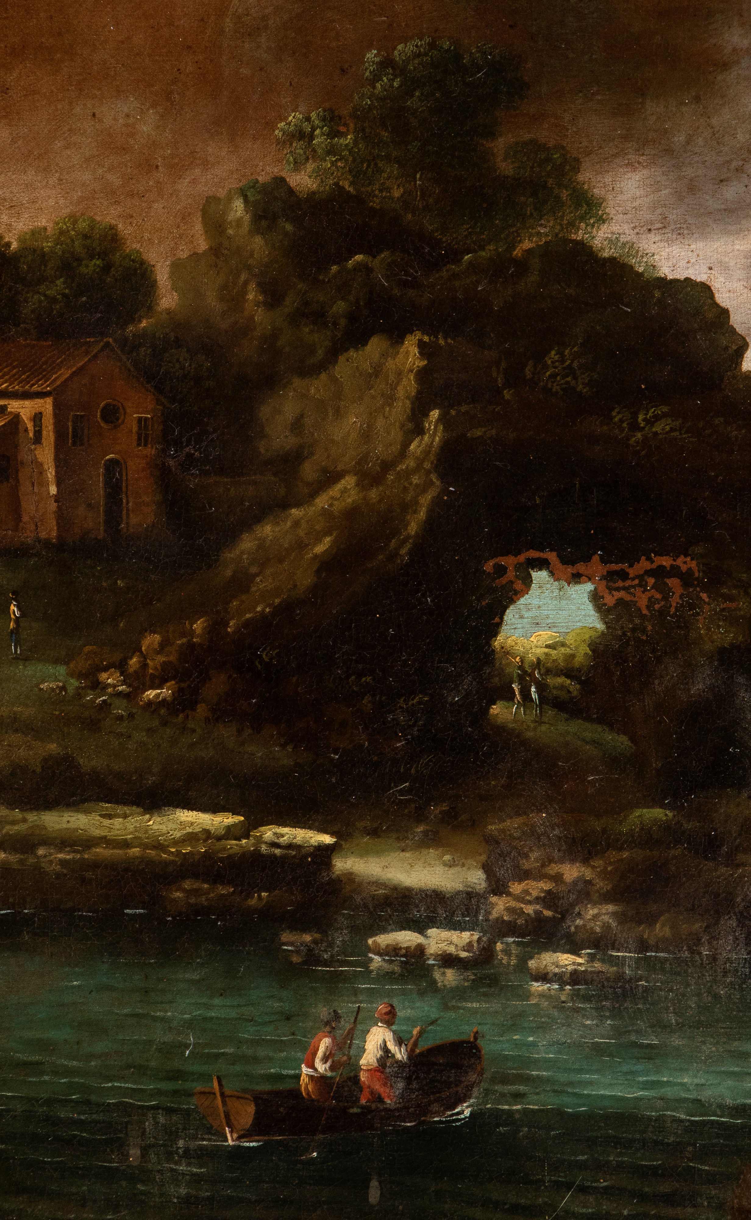 Veduta costiera con arco di roccia, figure e imbarcazioni