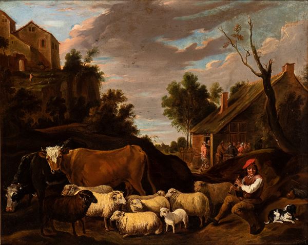 David Teniers Teniers Il Giovane - Shepherd with flocks in a villagio