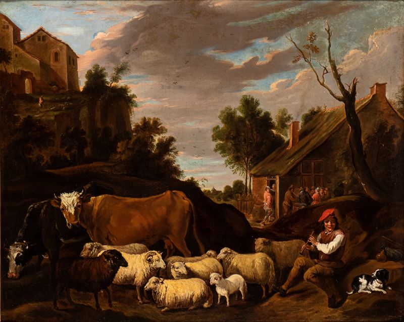 David Teniers il Giovane - Pastore con armenti in un villaggio, olio su tela