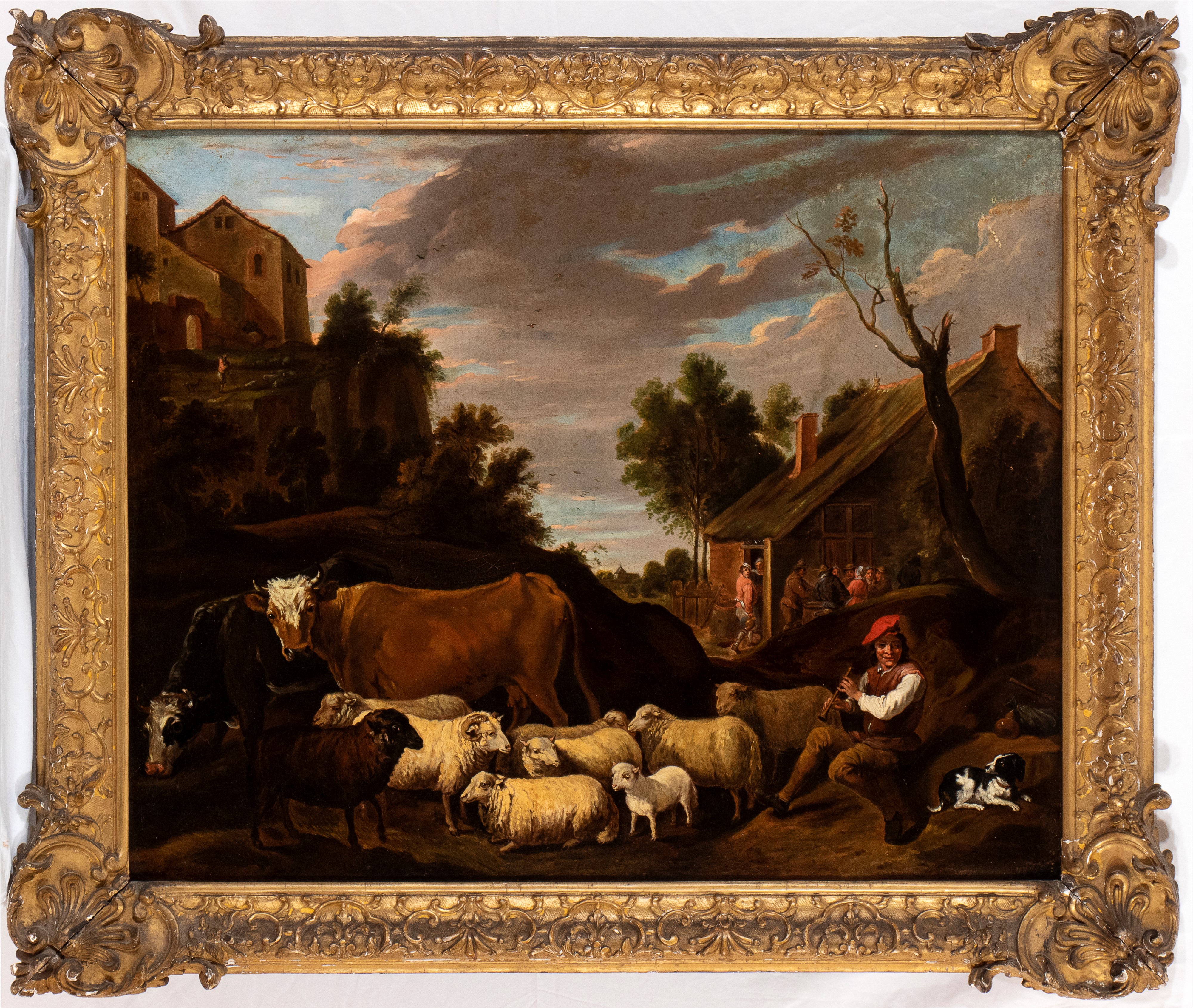 David Teniers il Giovane - Pastore con armenti in un villaggio, olio su tela