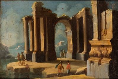 Autore sconosciuto, Capriccio costiero con ruderi e figure, olio su tela