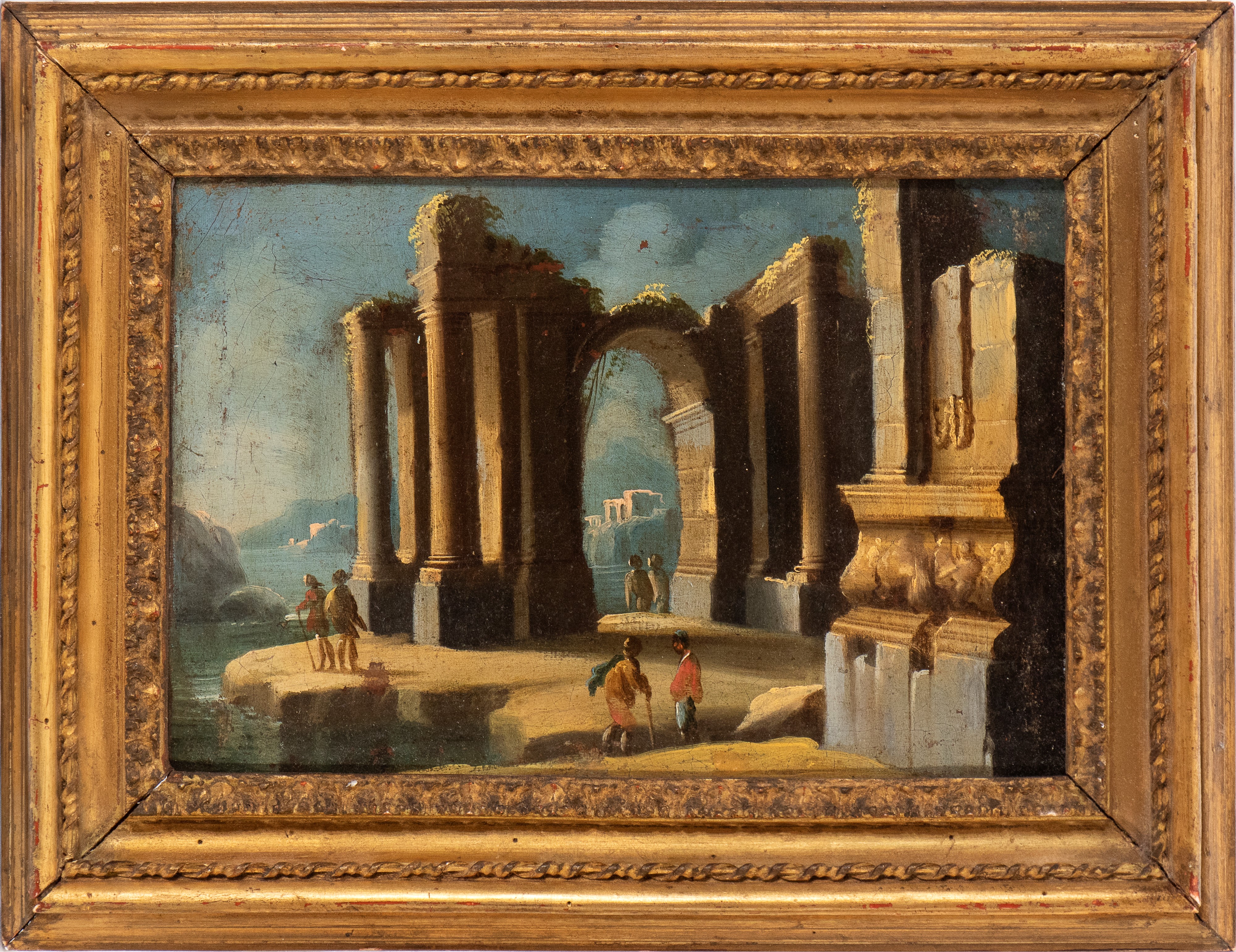 Artista Napoletano, XVIII Secolo - Autore sconosciuto, Capriccio costiero con ruderi e figure, ol...