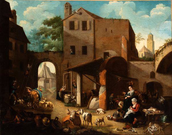 Artista olandese, XVII - XVIII secolo - Courtyard Scene with Figures, Animals, and a Church in the Background.