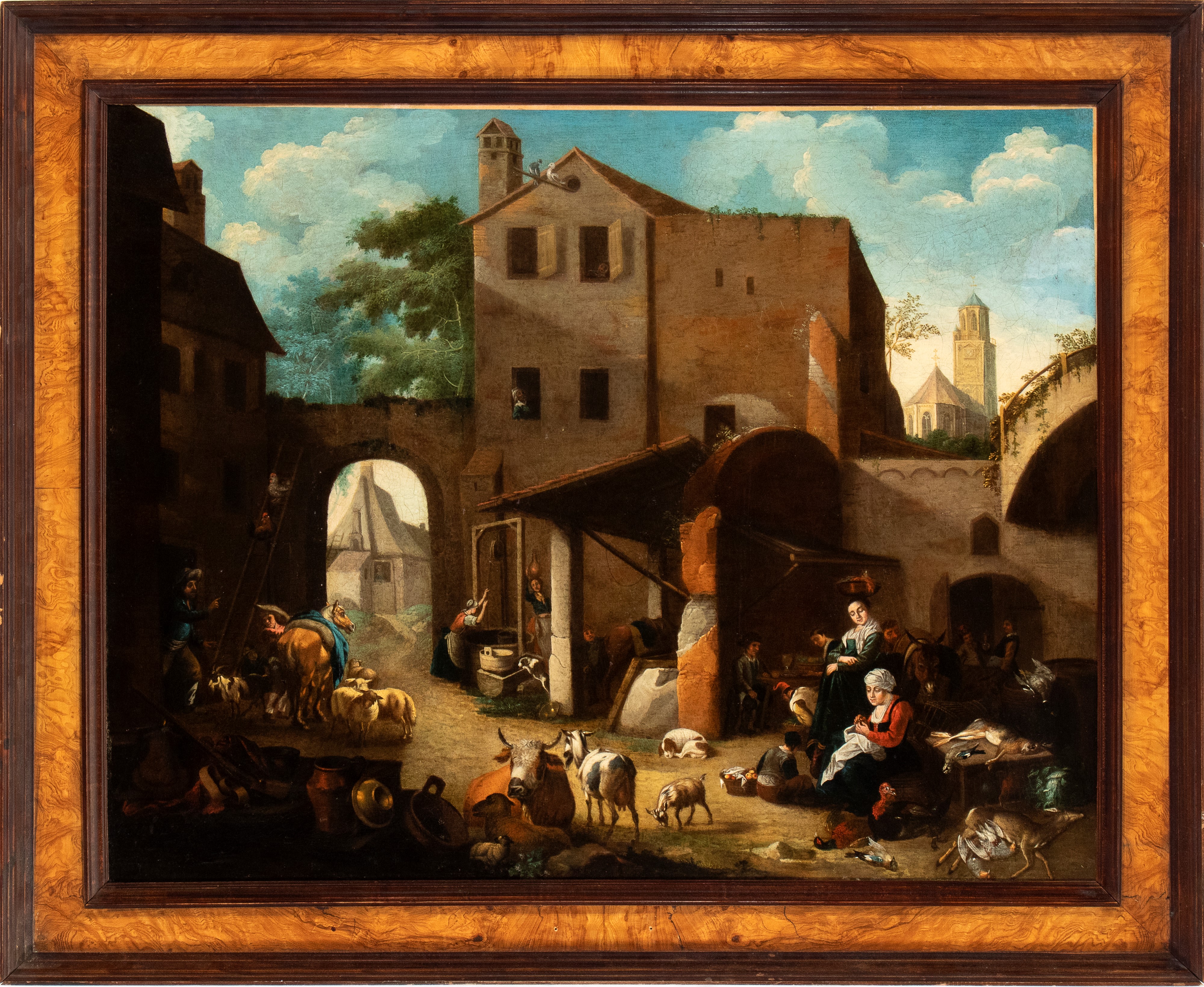 Scena di cortile con figure, animali e chiesa sullo sfondo